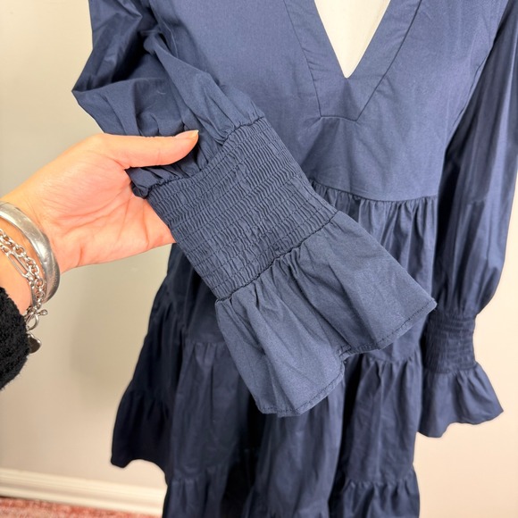Pomander Place Kenzo Poplin Mini Dress Navy Blue Cotton Smocked Puff Sleeve Med. - Picture 6 of 8